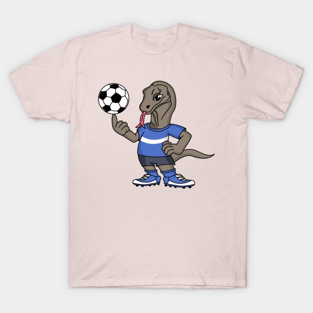 Cute funny Komodo dragon playing soccer cartoon T-Shirt by Cartoons of fun